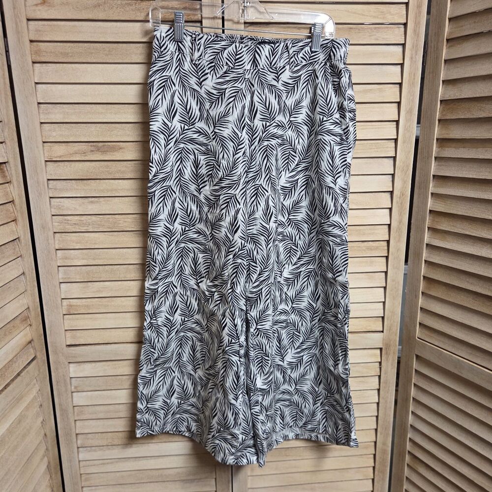 Tahari 100% Linen Black White Floral Leaf Wide Leg Pull On Pants Size Medium